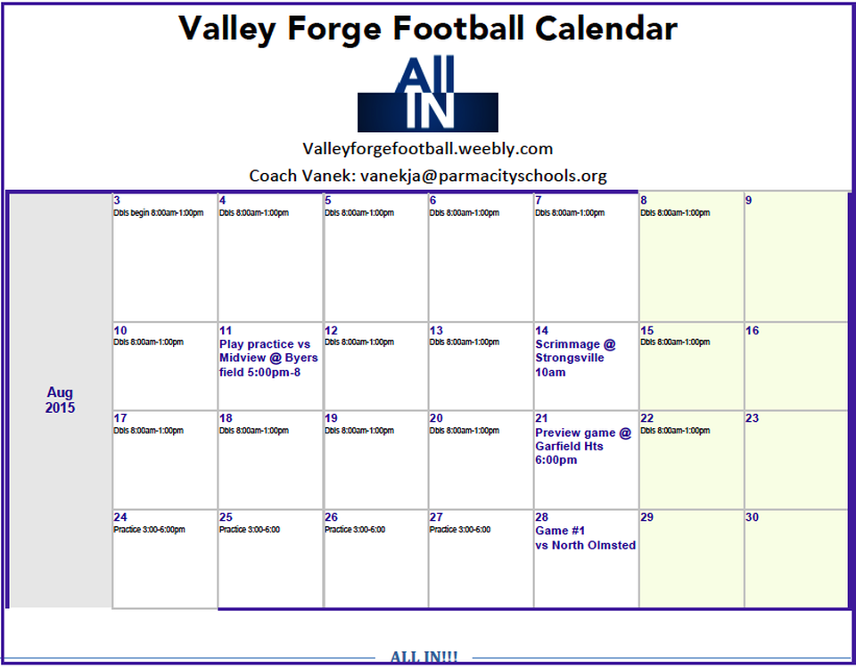 Calendars Valley Football